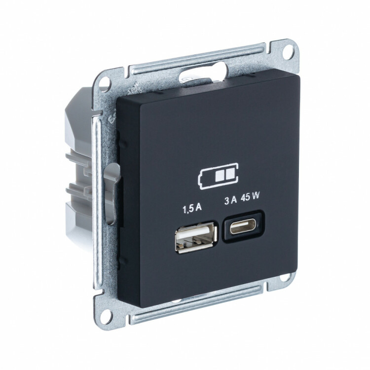 Розетка USB-A + USB-C 45W высокоскор.заряд. QC, PD, карбон  AtlasDesign