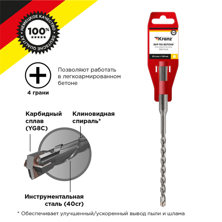 Бур по бетону 6х160 мм крестовая пластина SDS PLUS Kranz