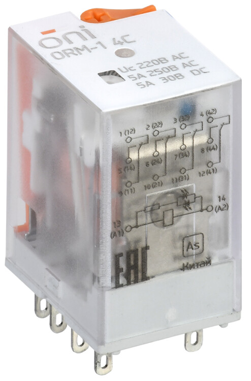 Реле интерфейсное ORM-1 5А 4ПК 220В AC с LED и тест. кнопкой ONI