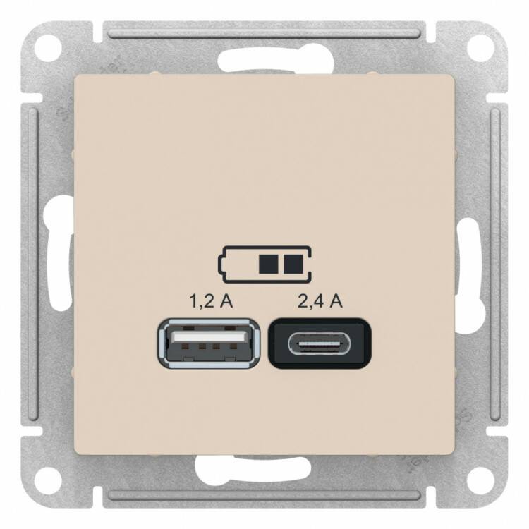Розетка USB-A 1,2А + USB-C 1,2А, Бежевый, AtlasDesign