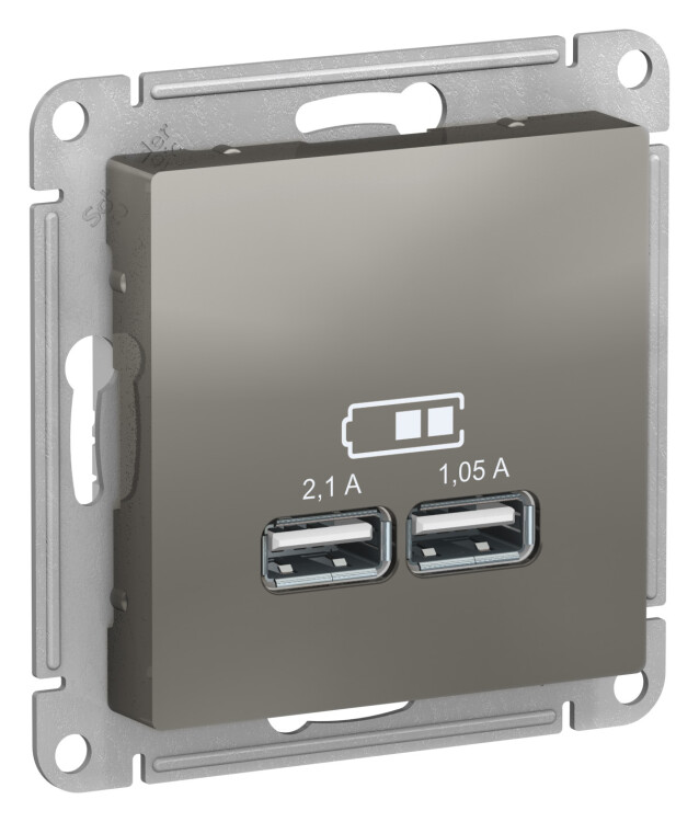 Розетка USB-зарядное устр-во 2-я, 2100мА, сталь  AtlasDesign