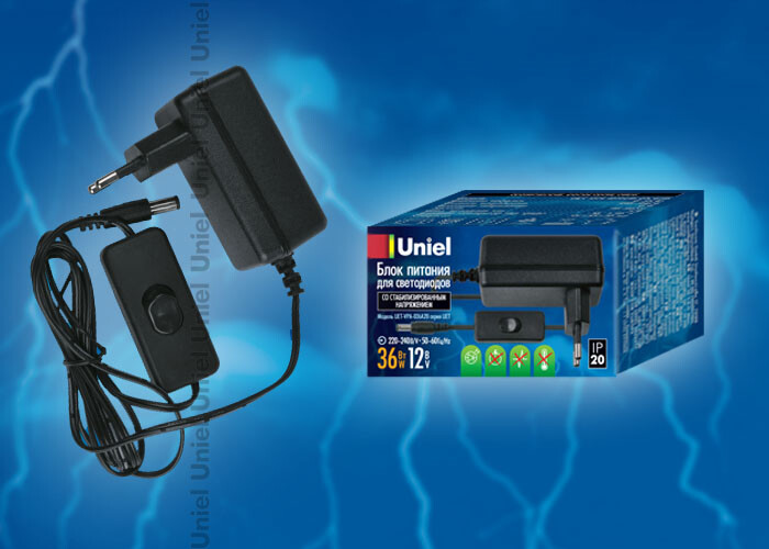 Блок питания для светодиодов с вилкой, влагозащищенным кабелем и 6 выходов UET-VPL-009А33 12V IP33