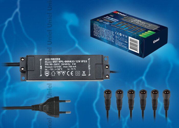 Блок питания для светодиодов с вилкой, влагозащищенным кабелем и 6 выходов UET-VPL-009А33 12V IP33
